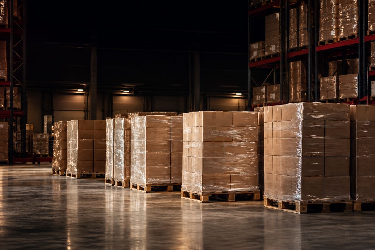 Palets de cajas de cartón apiladas y retractiladas en zona de expedición
