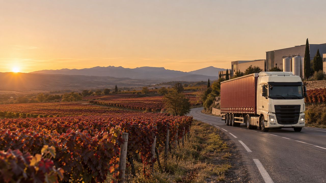 Camión lonado en carretera entre viñedos de La Rioja, junto a naves industriales de bodega